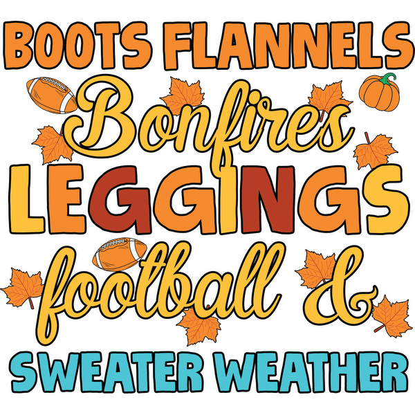 ¡Celebre las acogedoras vibraciones del otoño con un diseño divertido que incluye elementos como botas, franelas, fogatas, leggings y fútbol!