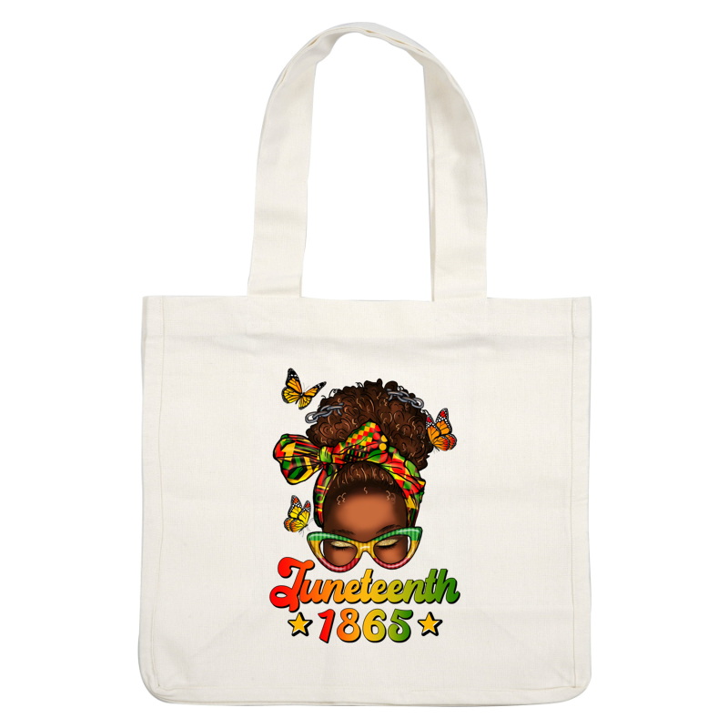 A vibrant Juneteenth design featuring a woman with curly hair, sparkly glasses, and a colorful headscarf surrounded by butterflies. heat press transfers