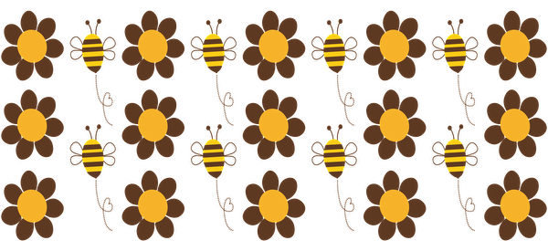 A cheerful pattern featuring alternating yellow and brown bees intertwined with simple flowers, perfect for crafting or decoration.UV Transfers heat press transfers