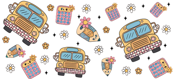 A whimsical design featuring colorful buses, calculators, and flowers, perfect for a cheerful, playful atmosphere.UV Transfersdtf regular iron