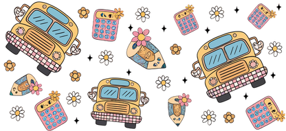 A whimsical design featuring colorful buses, calculators, and flowers, perfect for a cheerful, playful atmosphere.UV Transfersdtf regular iron