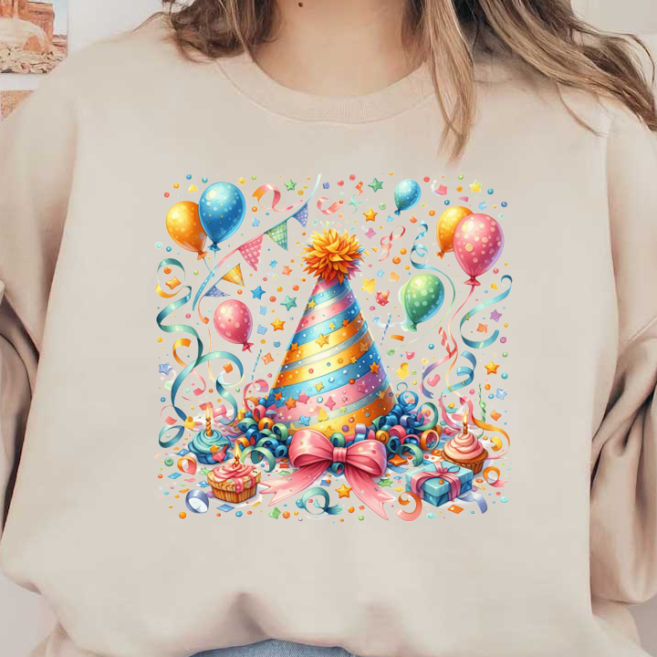 Celebrate in style with this vibrant party scene featuring a colorful party hat, balloons, festive ribbons, and delicious treats!DTF Transfers