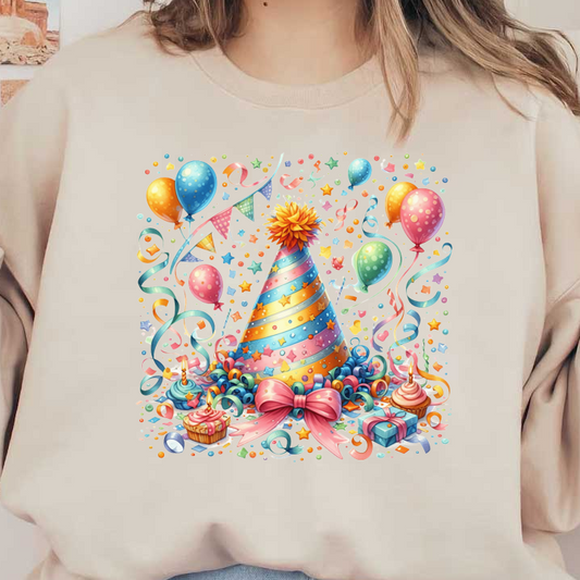 Celebrate in style with this vibrant party scene featuring a colorful party hat, balloons, festive ribbons, and delicious treats!DTF Transfers