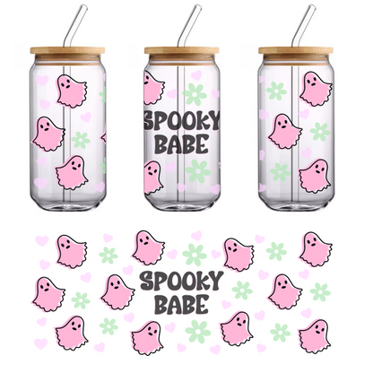 A playful and colorful design featuring cute pink ghosts, hearts, and flowers, with the text "Spooky Babe" at the center.UV Transfers heat press transfers