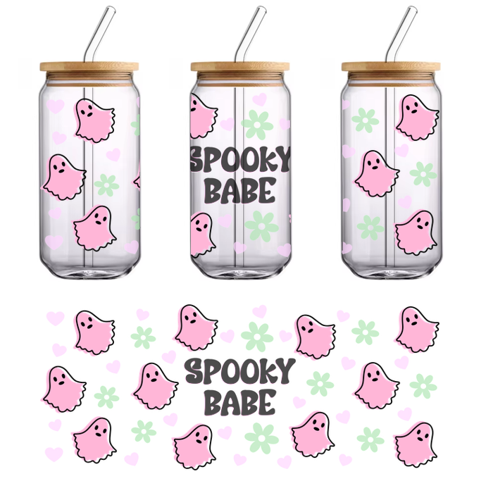 A playful pattern featuring cute pink ghosts, green flowers, and hearts, highlighted by the text "Spooky Babe."UV Transfers heat press transfers