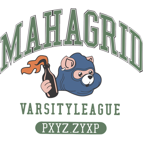 Un gráfico divertido que presenta un oso con una máscara azul que sostiene una bomba incendiaria, con el texto "MAHAGRID VARSITY LEAGUE" encima.