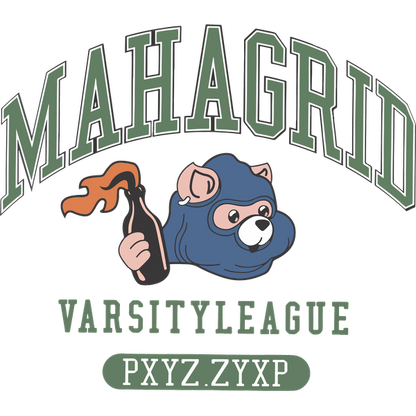 Un gráfico divertido que presenta un oso con una máscara azul que sostiene una bomba incendiaria, con el texto "MAHAGRID VARSITY LEAGUE" encima.