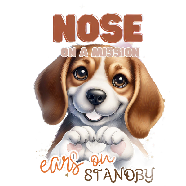 Dulce y divertida ilustración de un cachorro Beagle con una expresión encantadora, que incluye la frase "Nariz en una misión, orejas en espera".