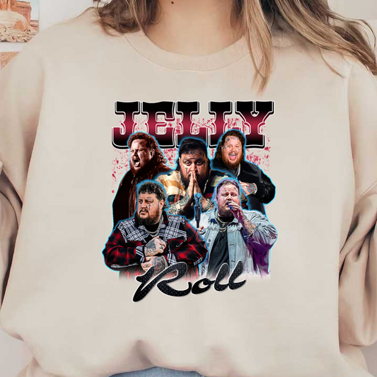 A vibrant collage featuring multiple expressive images of Jelly Roll, showcasing his dynamic performance style and distinctive tattoos.DTF Transfers heat press transfers