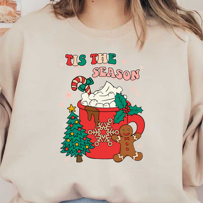 A festive illustration featuring a cheerful holiday mug filled with marshmallows, a candy cane, a gingerbread man, and a Christmas tree. dtf transfers