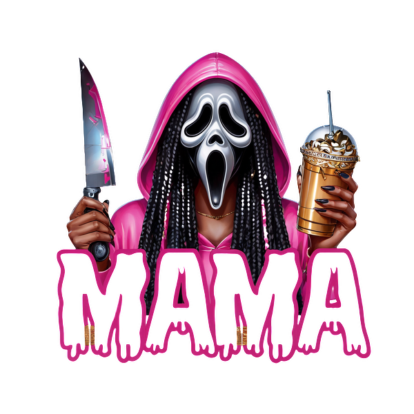 Un gráfico colorido que presenta una figura enmascarada con una sudadera con capucha rosa, sosteniendo un cuchillo y un postre, con la temática "MAMA".