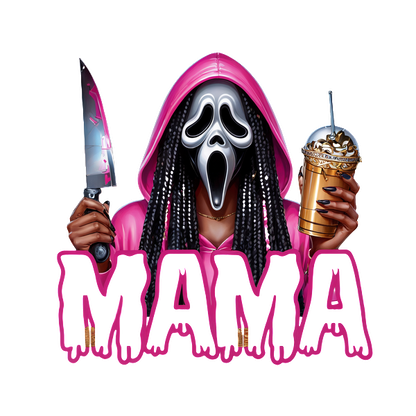 Un gráfico colorido que presenta una figura enmascarada con una sudadera con capucha rosa, sosteniendo un cuchillo y un postre, con la temática "MAMA".