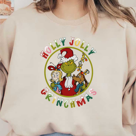 Celebrate the holiday spirit with the Grinch and friends in this colorful "Holly Jolly Grinchmas" graphic design.DTF Transfers dtf transfers