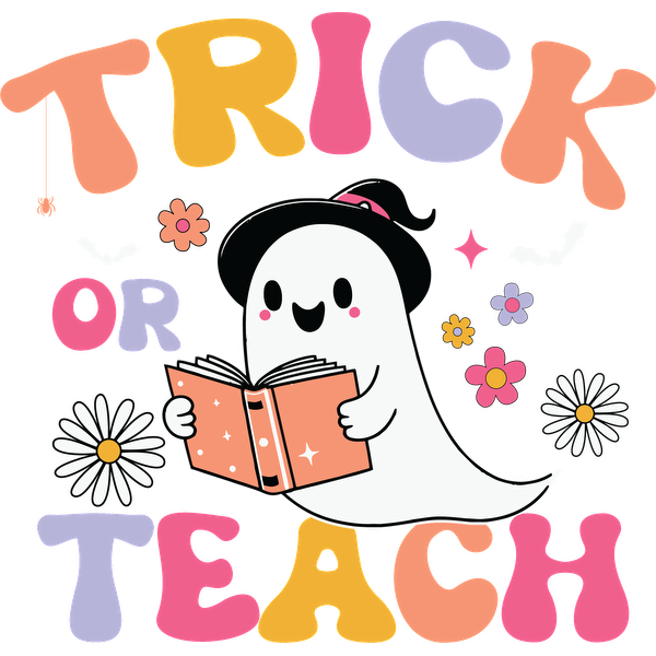 Este diseño caprichoso presenta un fantasma amigable con un sombrero de bruja sosteniendo un libro, con un texto colorido que dice "Trick or Teach".