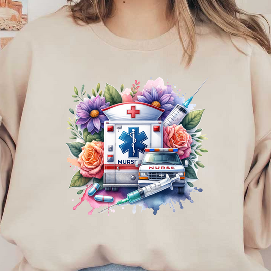 A vibrant illustration featuring an ambulance adorned with flowers, syringes, and medical symbols, celebrating the nursing profession.DTF Transfers