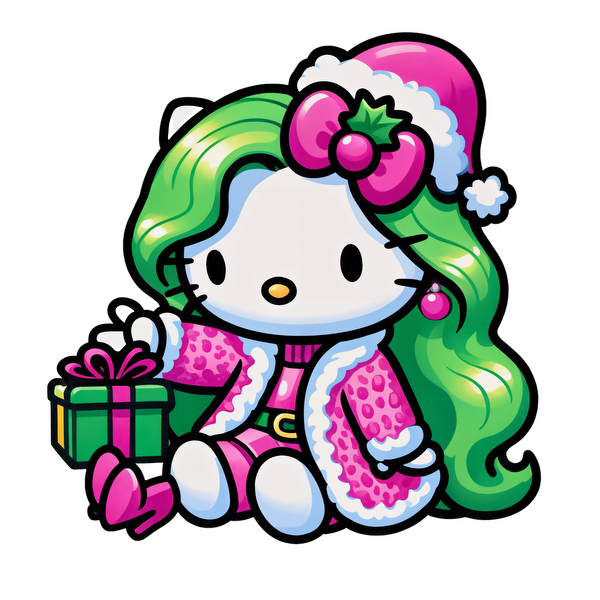 A festive Hello Kitty character with green hair, wearing a pink winter coat and a Santa hat, holding a gift.DTF Transfers dtf prints