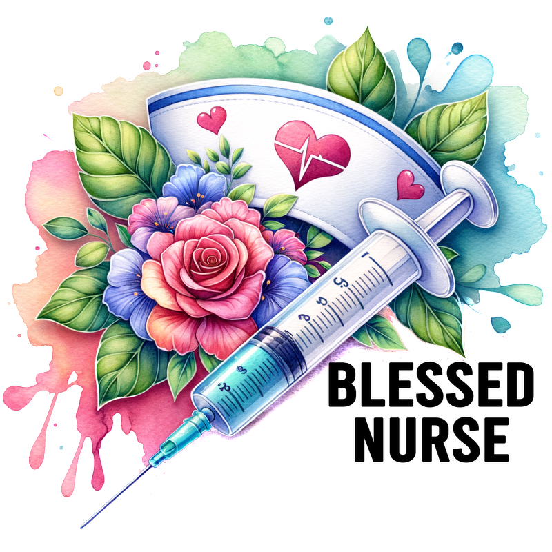 A vibrant tattoo design featuring a syringe intertwined with colorful roses and leaves, symbolizing health and care.DTF Transfers