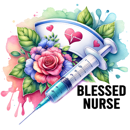 A vibrant tattoo design featuring a syringe intertwined with colorful roses and leaves, symbolizing health and care.DTF Transfers