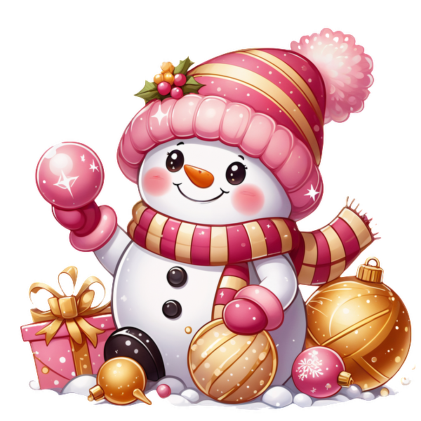 Cheerful cartoon snowman wearing a pink hat and scarf, surrounded by Christmas ornaments and presents, spreading festive joy! heat press transfers