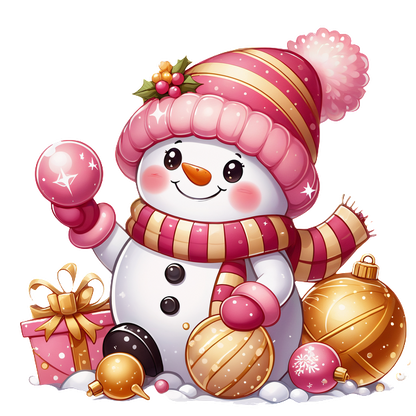 Cheerful cartoon snowman wearing a pink hat and scarf, surrounded by Christmas ornaments and presents, spreading festive joy! heat press transfers