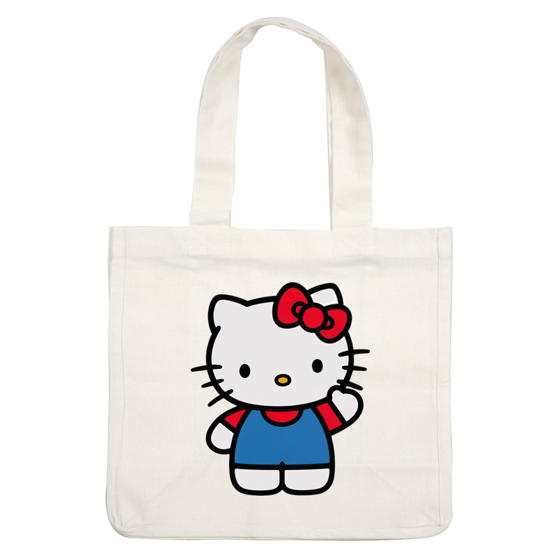 A cute, cartoon-style Hello Kitty character, wearing a red shirt and blue overalls, with a signature red bow.DTF Transfers heat press transfers