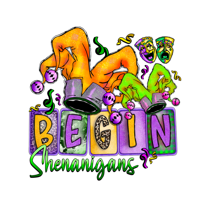 Colorful and playful graphic featuring hands pulling back a top hat, with vibrant text saying "BEGIN Shenanigans," perfect for festive occasions.DTF Transfers