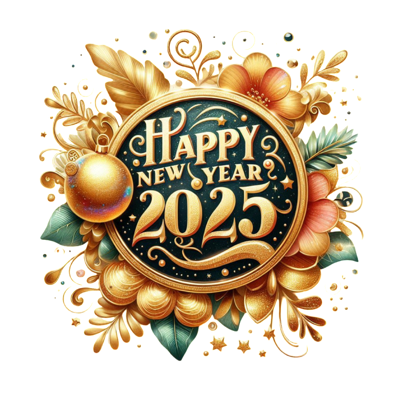 Celebrate the New Year with this vibrant, festive illustration featuring "Happy New Year 2025" adorned with floral elements and golden accents!DTF Transfers