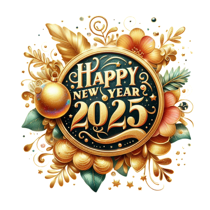 Celebrate the New Year with this vibrant, festive illustration featuring "Happy New Year 2025" adorned with floral elements and golden accents!DTF Transfers