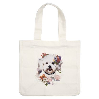 A charming white dog adorned with colorful flowers and a joyful expression, surrounded by a watercolor floral background. heat press transfers