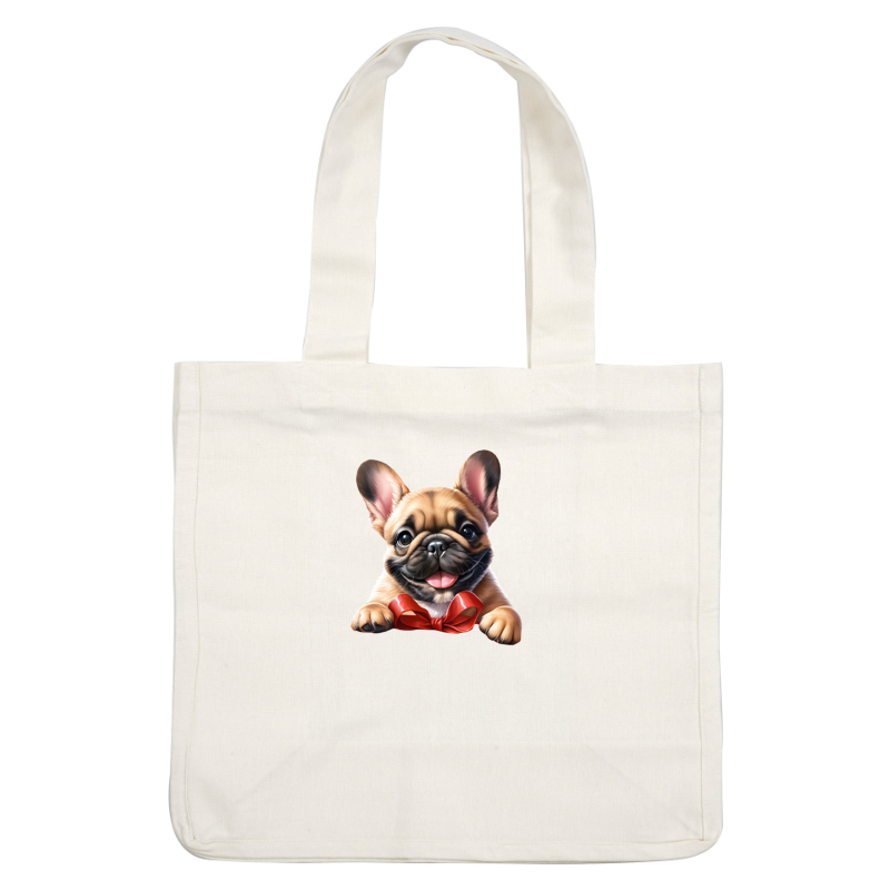 A playful French Bulldog puppy wearing a bright red bow, showcasing its adorable features and cheerful expression. dtf prints