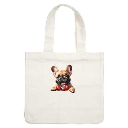 A playful French Bulldog puppy wearing a bright red bow, showcasing its adorable features and cheerful expression. dtf prints