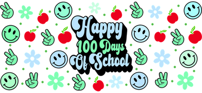 Celebrate the milestone with this vibrant design featuring cheerful emojis, apples, and flowers, proclaiming "Happy 100 Days of School!"UV Transfers dtf prints