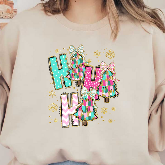 A festive design featuring colorful Christmas trees decorated with bows and vibrant patterns alongside playful "Ho Ho Ho" text embellished with sparkles.DTF Transfers