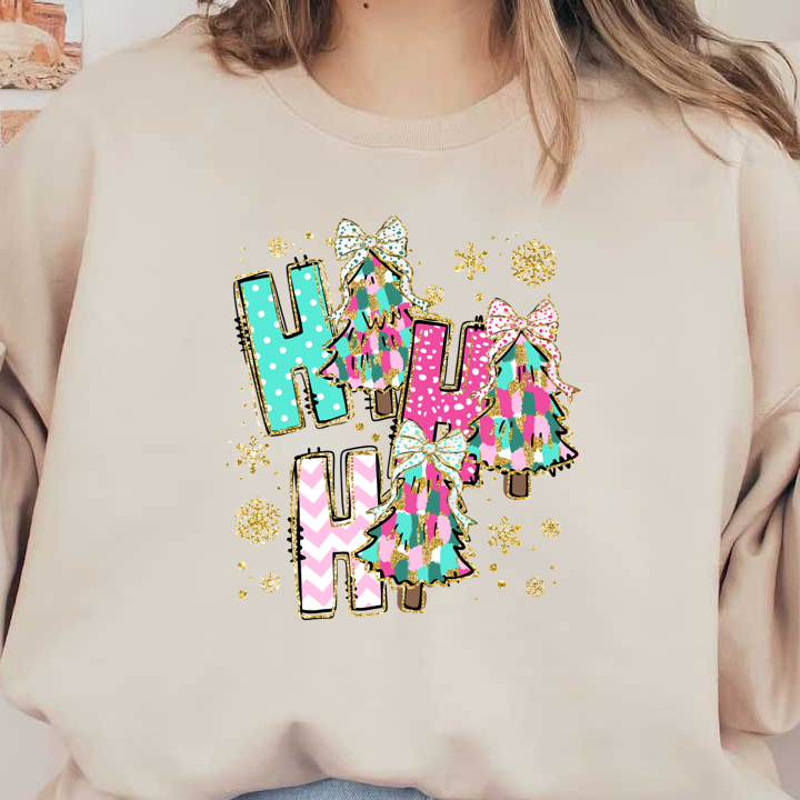 A festive design featuring colorful Christmas trees adorned with bows amidst playful "H" letters and sparkly accents, perfect for holiday cheer!DTF Transfers