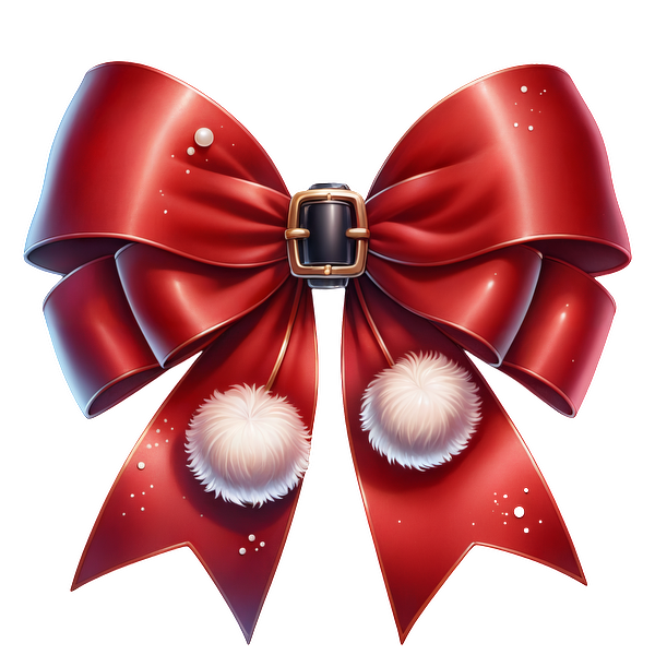 A festive red bow featuring a shiny buckle and fluffy white pom-poms, perfect for holiday decorations.dtf regular iron