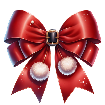 A festive red bow featuring a shiny buckle and fluffy white pom-poms, perfect for holiday decorations.dtf regular iron