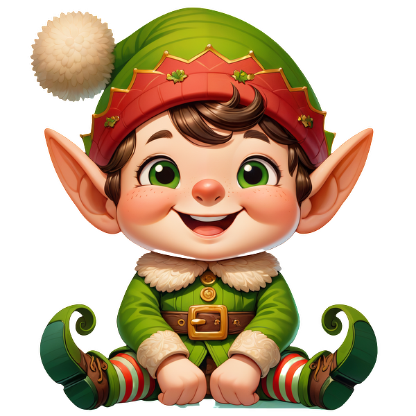 A cheerful, cartoon-style elf with big ears, wearing a vibrant green outfit and festive red hat, sits smiling warmly.DTF Transfers heat press transfers