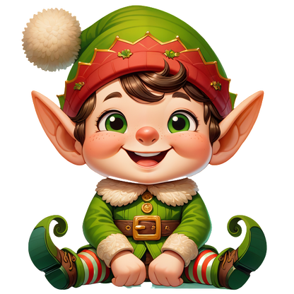 A cheerful, cartoon-style elf with big ears, wearing a vibrant green outfit and festive red hat, sits smiling warmly.DTF Transfers heat press transfers