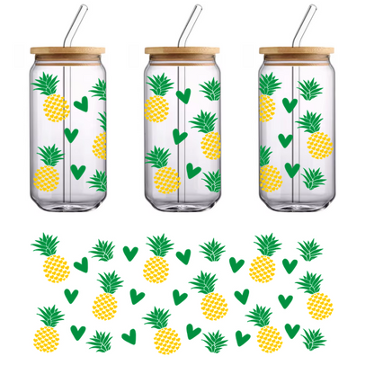 A fun and colorful pattern featuring yellow pineapples, green hearts, and tropical leaves, perfect for summer vibes!UV Transfers dtf transfers