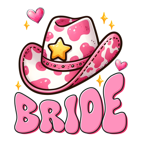 Un divertido sombrero de vaquero rosa adornado con una estrella y corazones, que presenta la palabra "BRIDE" (NOVIA) en letras divertidas y llamativas.