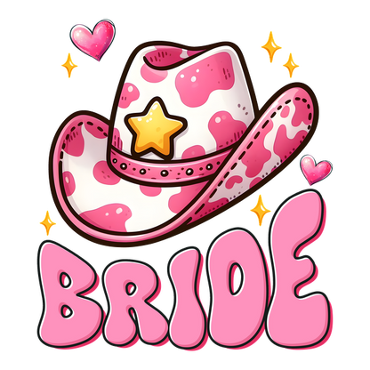 Un divertido sombrero de vaquero rosa adornado con una estrella y corazones, que presenta la palabra "BRIDE" (NOVIA) en letras divertidas y llamativas.