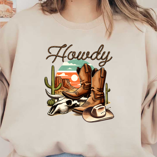 A rustic design featuring cowboy boots, a cowboy hat, and a skull against a desert backdrop with cacti and a sunset. heat press transfers