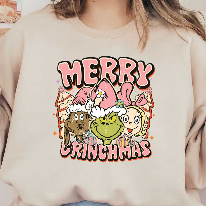 Celebrate the season with a fun "Merry Grinchmas" design featuring the Grinch and friends in festive hats and gifts!DTF Transfers heat press transfers heat press transfers