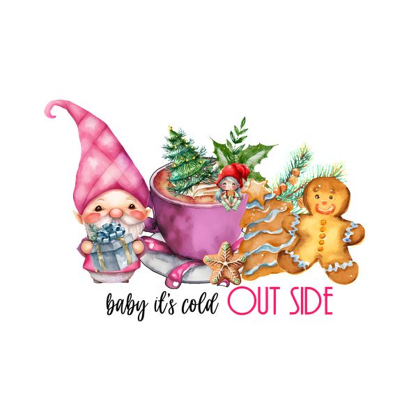 Festive scene featuring a cheerful gnome, a cozy cup with greenery, a gingerbread cookie, and playful holiday elements.dtf regular iron