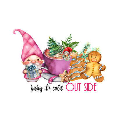 Festive scene featuring a cheerful gnome, a cozy cup with greenery, a gingerbread cookie, and playful holiday elements.dtf regular iron