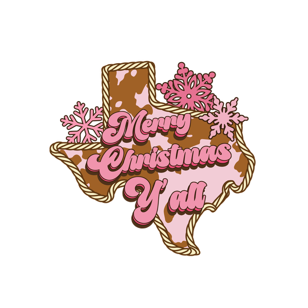 Celebrate the holidays with this festive Texas-themed design featuring "Merry Christmas Y'all" in playful pink lettering and snowflakes. dtf prints