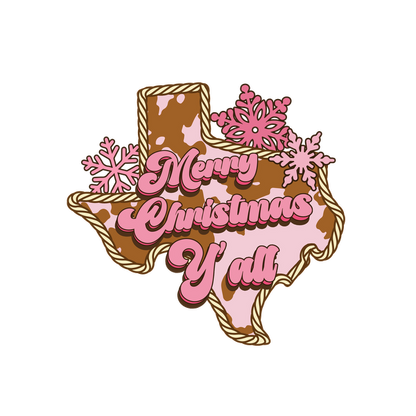 Celebrate the holidays with this festive Texas-themed design featuring "Merry Christmas Y'all" in playful pink lettering and snowflakes. dtf prints