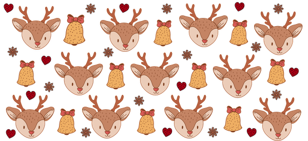 A whimsical pattern featuring adorable reindeer faces, festive bells, and hearts, perfect for holiday-themed designs or crafts.UV Transfers heat press transfers