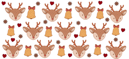 A whimsical pattern featuring adorable reindeer faces, festive bells, and hearts, perfect for holiday-themed designs or crafts.UV Transfers heat press transfers