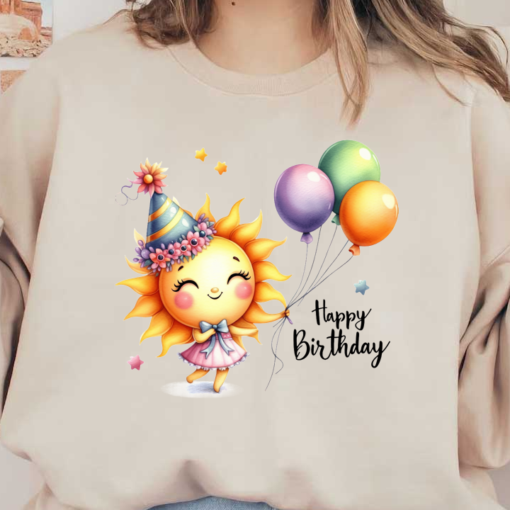 A cheerful sun character in a party hat holds colorful balloons, celebrating with a "Happy Birthday" message.DTF Transfers